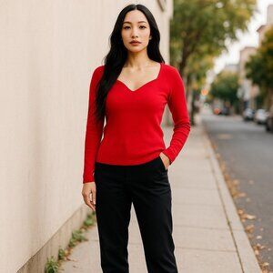 CYRUS WOMEN’S CHERRY RED SWEATER SZ S SWEETHEART NECK RIBBED LONG SLEEVE RAYON